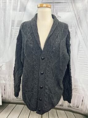 ARAN CRAFTS 100% Merino Wool Classic Mens Cardigan Sweater Grey Size XXL